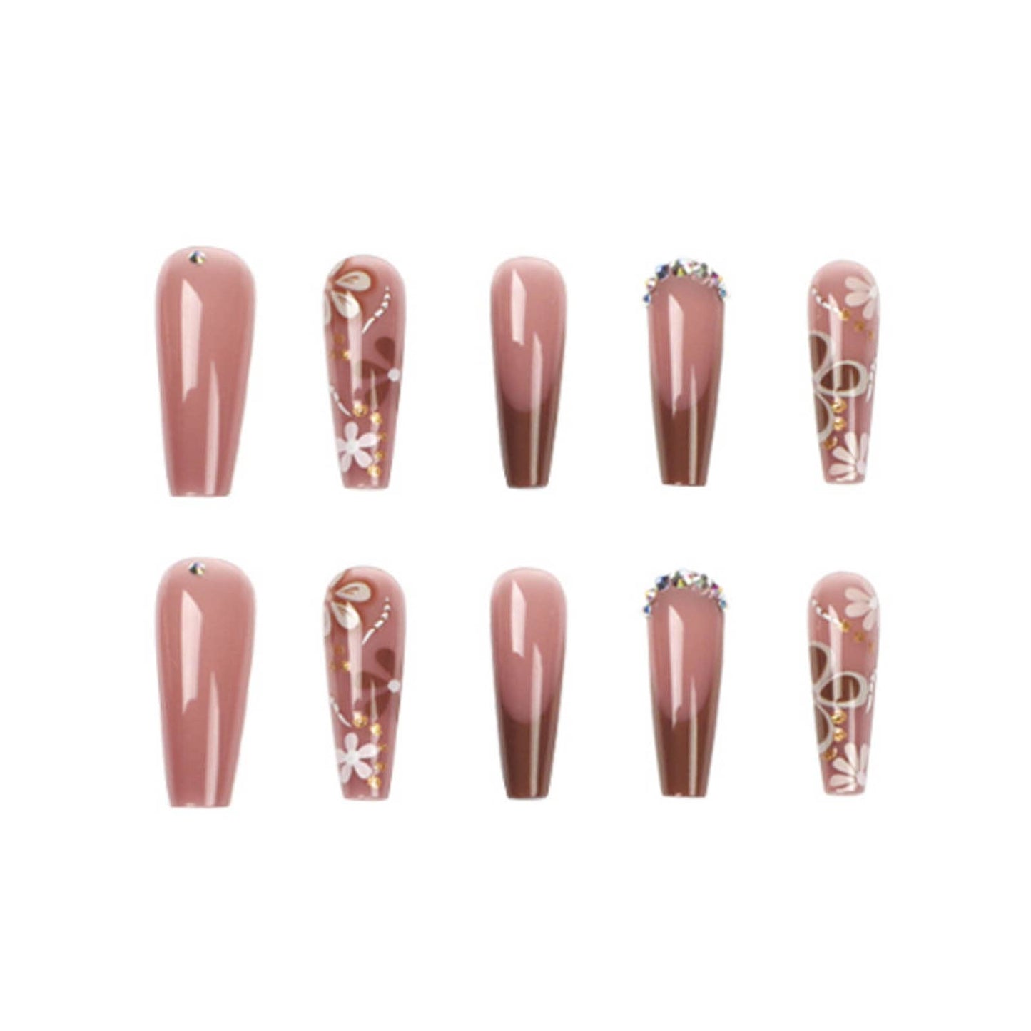 Hkanlre Coffin Long Press on Nails Acrylic Jelly Flower Fake Nails French Ballerina Full Cover Brown False Nails for Women and Girls 24PCS
