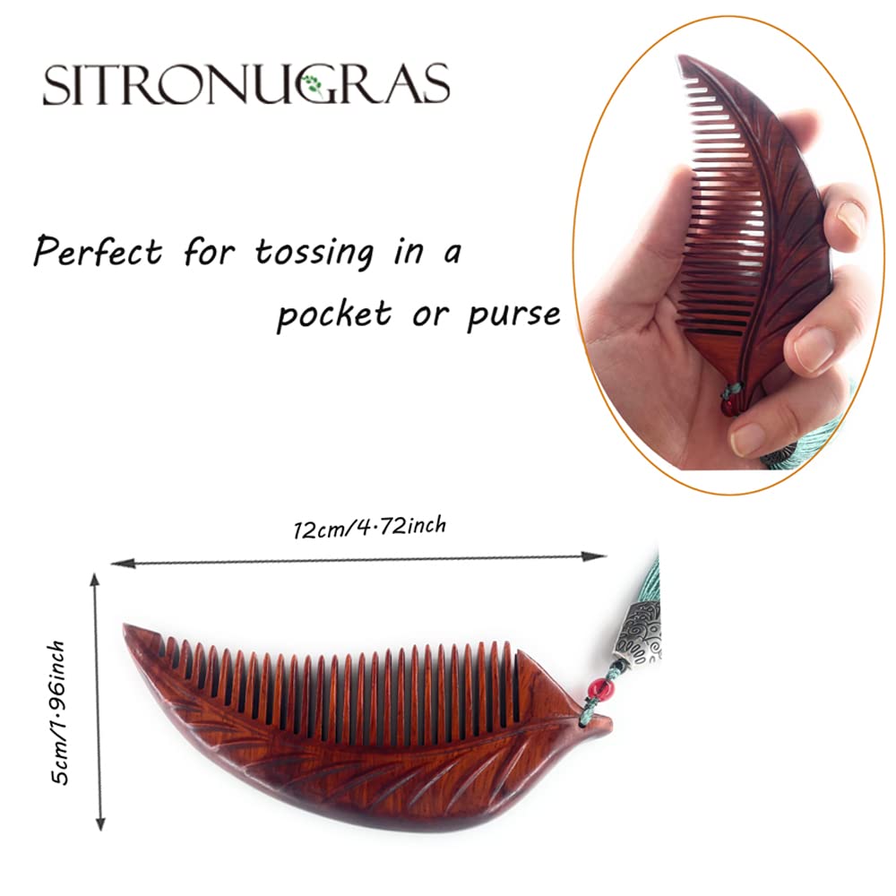Sitronugras Wooden Comb For Women - Carved Craft Natural Boxwood Hair Comb - No Static Fine Tooth Wood Comb with gift box (leaf)