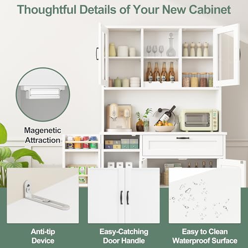 Shintenchi Kitchen Pantry Storage Cabinet, Freestanding Buffet Cabinet with Microwave Stand & 4 Door Shelves, Kitchen Hutch with Doors, Adjustable Shelves and Wine Rack, White