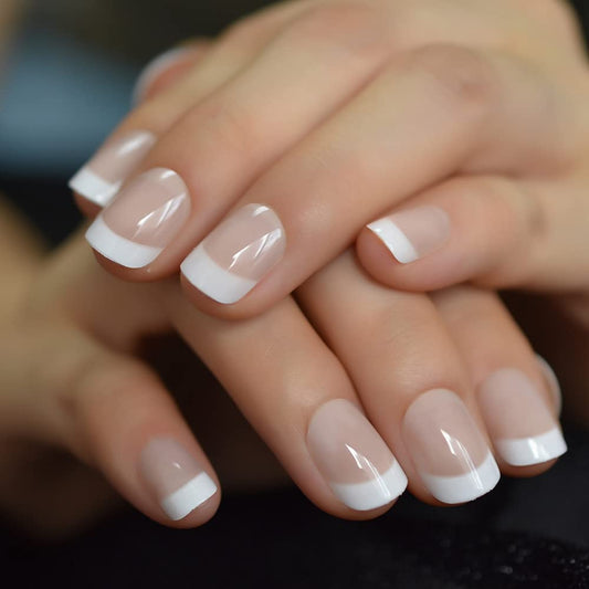 Glossy Natural Beige Nude White French Press On Nails Short - IKISKT Acrylic False Nails, Glue On Nails with Glue Sticker Salon Women Girls DIY Stick On Nails - 24PCS UV Gel Reusable Fake Nails Kit