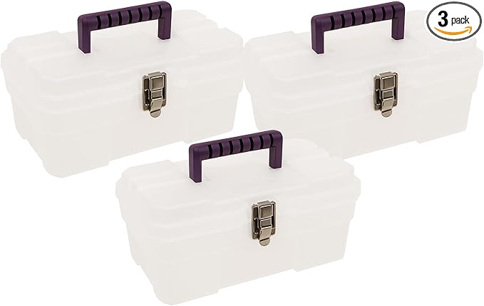 Akro-Mils 14-Inch Plastic Toolbox with Removable Tray, Steel Latch & Padlock Eye, Industrial-Grade Storage Box for Hobby Supplies, Crafts, and Tools, 14" x 8" x 8", Made in USA, 3-Pack, Clear (09514)