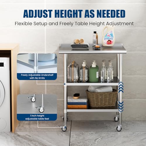 Chingoo Stainless Steel Work Table with Wheels, 24x30 Inch NSF Food Prep Table with Backsplash & 2 Adjustable Undershelves for Commercial Kitchen, Restaurant, Garage