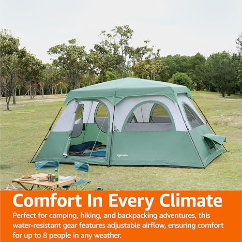 Amazon Basics 8-Person Instant Camping Tent, Easy Setup in 60 Seconds, Weather-Resistant with Rainfly, Mesh Windows, Storage Pockets, for Family Camping and Hiking