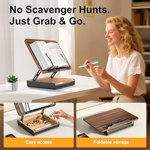 Book Stand with Storage, Book Holder for Reading Hands Free, Wooden Cookbook Stand for Kitchen Counter, Adjustable Reading Stand for Desk, Recipe Stand, Book Prop for Book Lovers