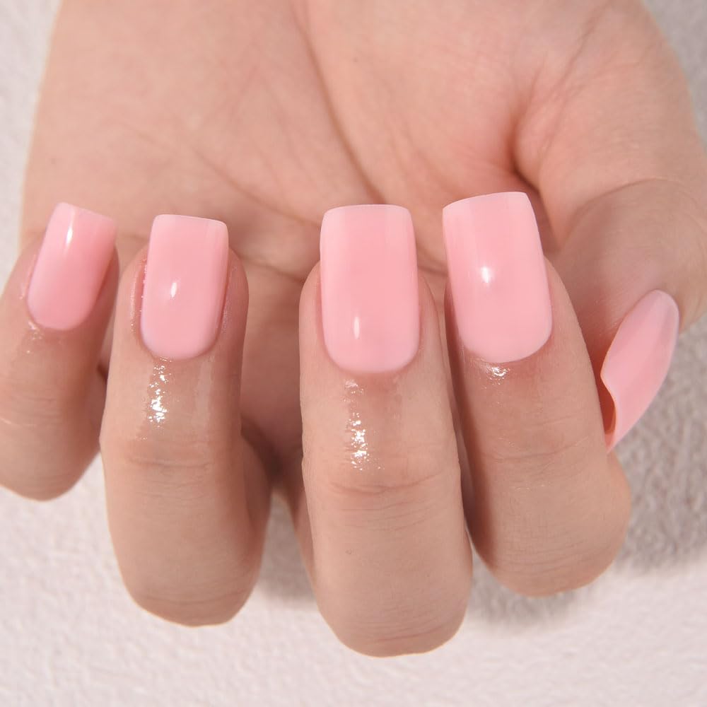 evpct Pale Nude Pink Short Square Glossy Press on Nails for Women Gift, Glossy Pale Nude Pink Fake Nail with Kits Manicure Kits, Soft Gel Full Cover Reusable Stick on Acrylic False Nails Perfectly Fit