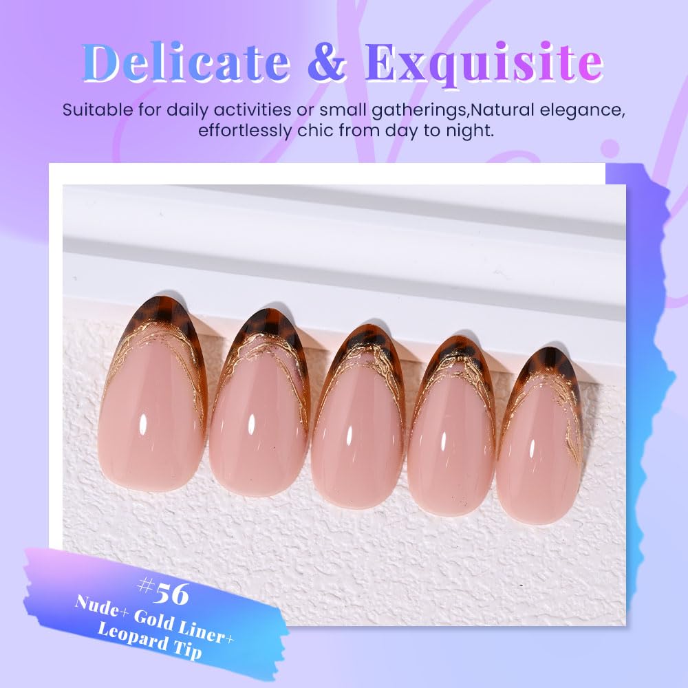 evpct Nude Glitter Press on Nails Short Almond with 3D Gold Line, Sexy French Tip Stick on Nail for Women, Reusable Full Cover Soft Gel Press on Fake Nail with Gold Line Design Perfectly Fit