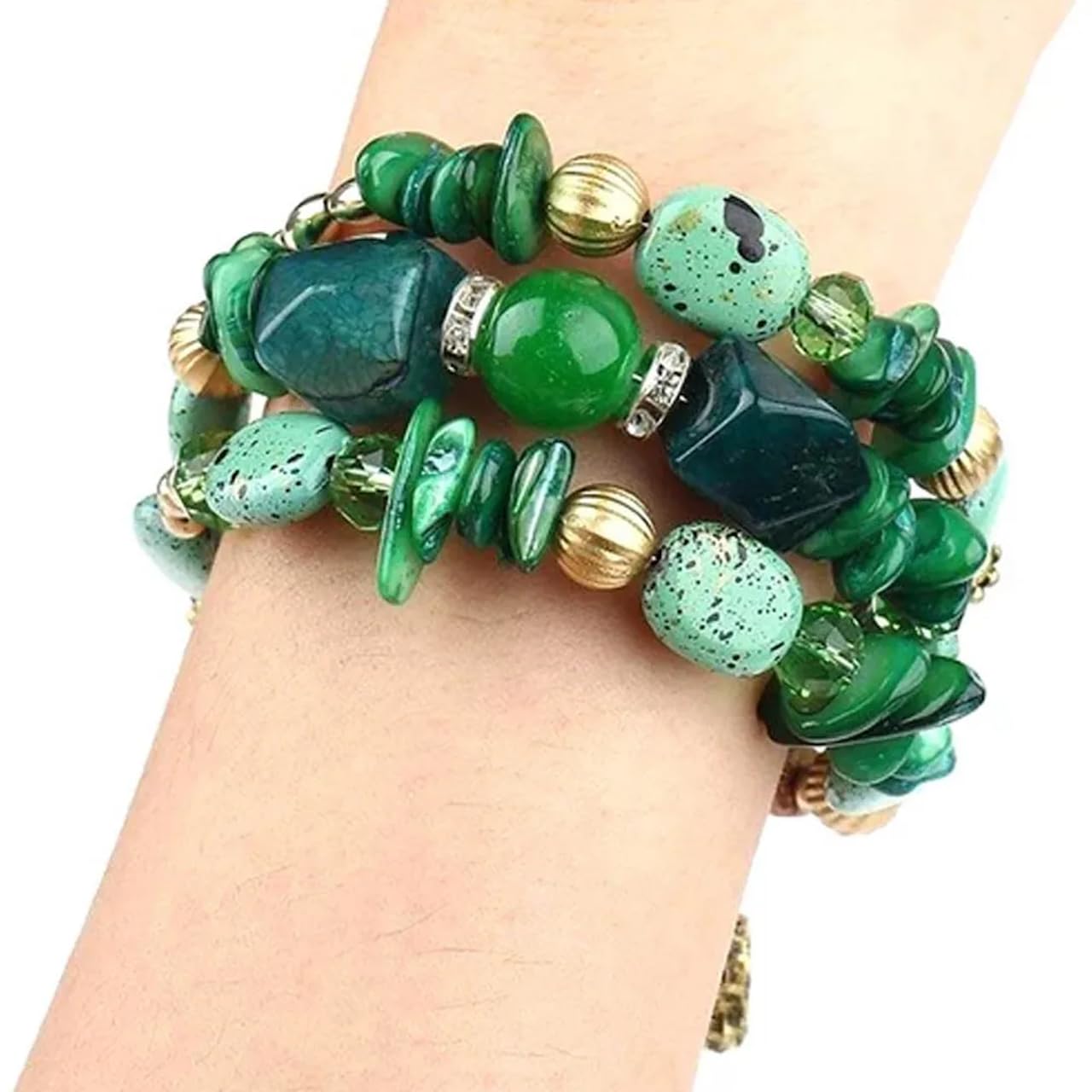 Jewellify Women Retro Crushed Natural Stone Bracelet Multi-Layer Winding Shell Beaded Bracelets (Green)