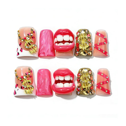 IntoVibes 10 Pieces Luxury Acrylic Press On Nails Short Handmade Duck Nails, Pink Thickened False French Nails, Exaggerated Red Lips And The Dollar Sign, Reusable Fake Nails, Acrylic Nails (L)