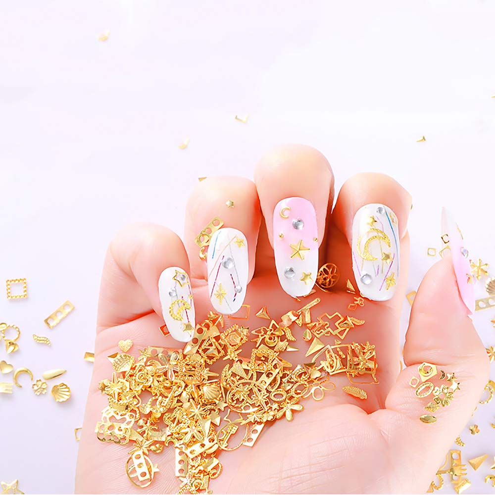 WOKOTO 6 Boxes 3D Hollow Gold Nail Decoration Shell Metal Nail Studs Nail Jewels Kit With 1Pc Tweezers And Picker Pencil