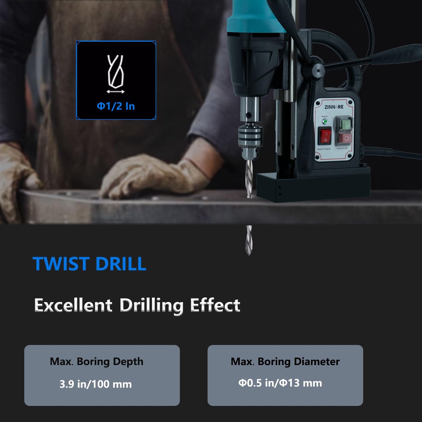 ZINNORE Mag Drill Press, Portable Magnetic Drill Press, 2360lbf/10500N Magnetic Drill, 700 rpm Speed Drilling Machine