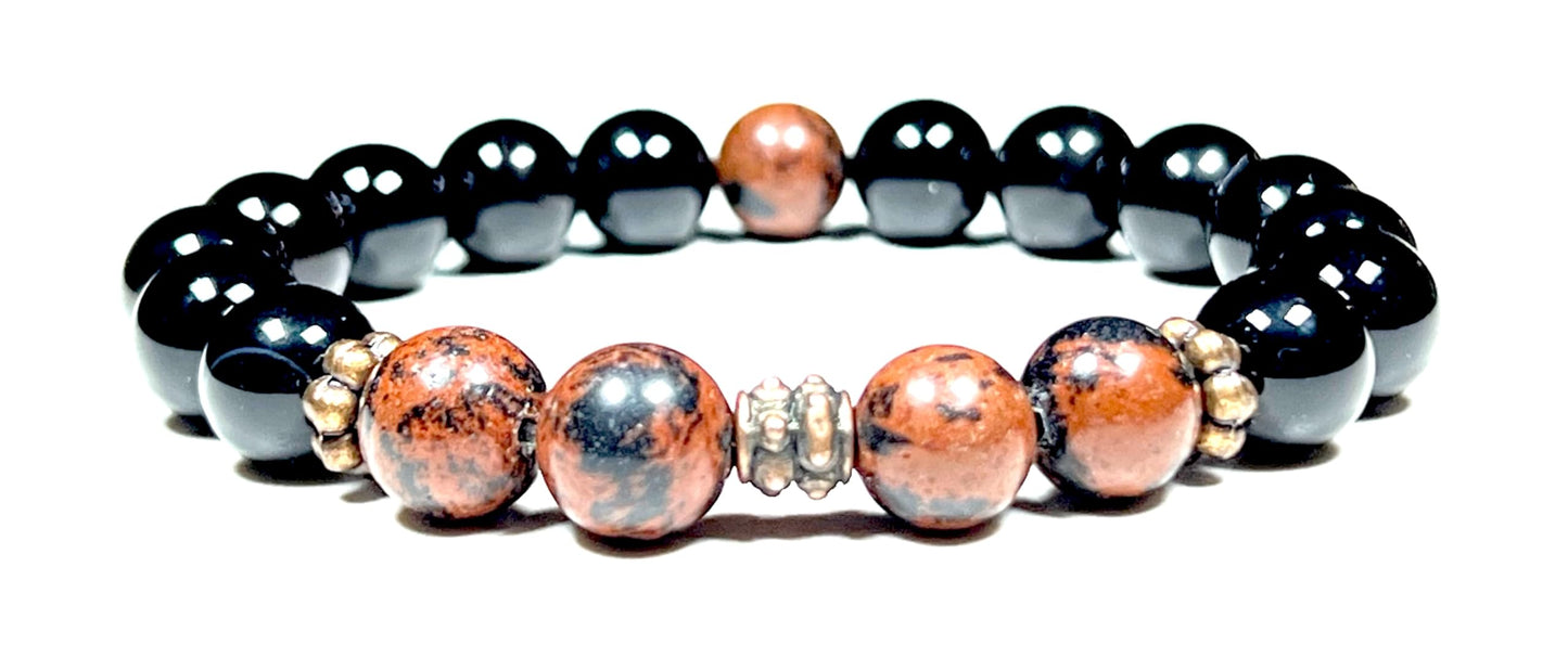 AWAKEN YOUR KUNDALINI Mahogany and Black Obsidian Stretch Bracelet | 10mm Beads | October November December Birthstones for Scorpio Sagittarius | Root Chakra Grounding Beads (Wrist Size 7.5 Inches)
