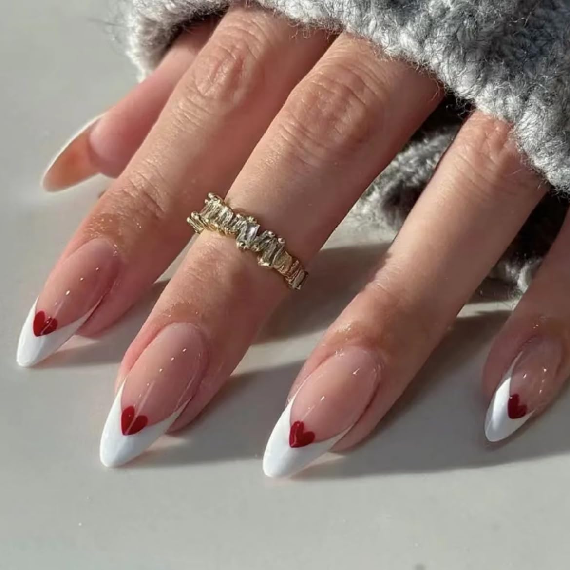 Handmade Almond French False Nails Coffin Press on Nails Nude Nails Tips Full Cover Cute Fake Nails for Women and Girls 10Pcs (MT-106, M)