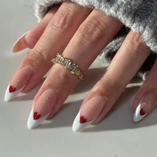 Handmade Almond French False Nails Coffin Press on Nails Nude Nails Tips Full Cover Cute Fake Nails for Women and Girls 10Pcs (MT-106, M)