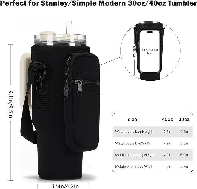 GOEWY Water Bottle Carrier Bag for Stanley 40/30 oz Tumbler with Phone Pocket Neoprene Water Bottle Holder with Shoulder & Handheld Strap Stanley Cup Accessories