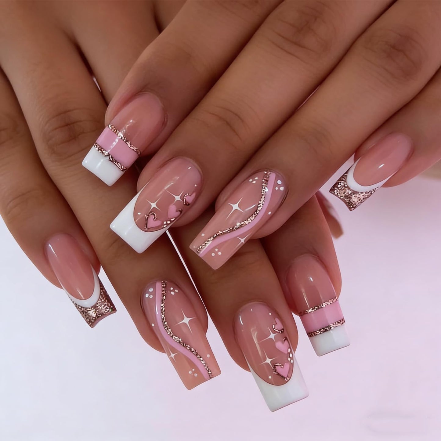 IMSOHOT Press on Nails Long Coffin Fake Nails French Acrylic Glue on Nails Glossy Full Cover Glitter Pink Heart False Nails for Women Girls 24Pcs