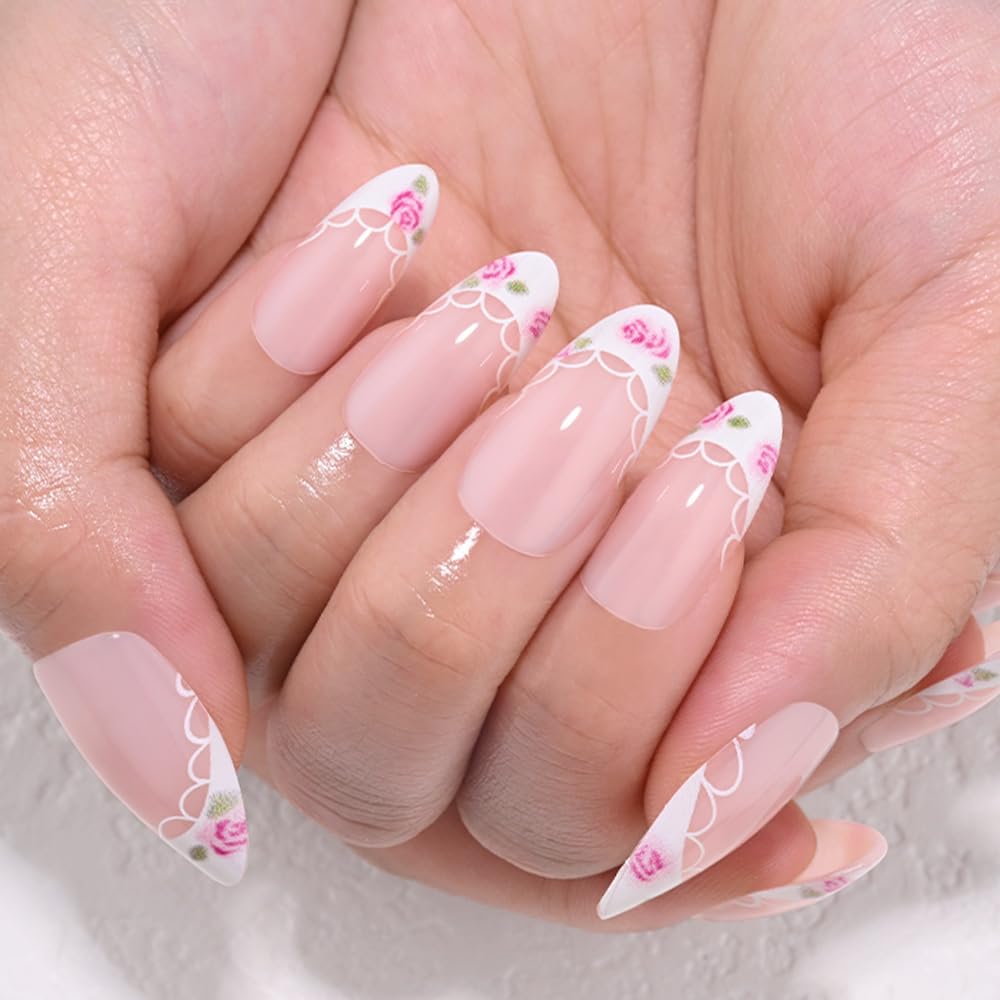 evpct Nude Pink French Press on Nails Short Almond with Spring Summer Flower Design, White French Tip Stick on Nails for Women, Reusable Full Cover Soft Press on Fake Nail Perfectly Fit with Design