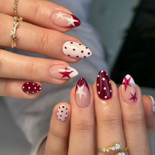 CTTHNBD Press on Nails Almond - Short Fake Nails with Polka Dot Star Design - Wine Red, French Tip False Nails for Women - 24 Pcs