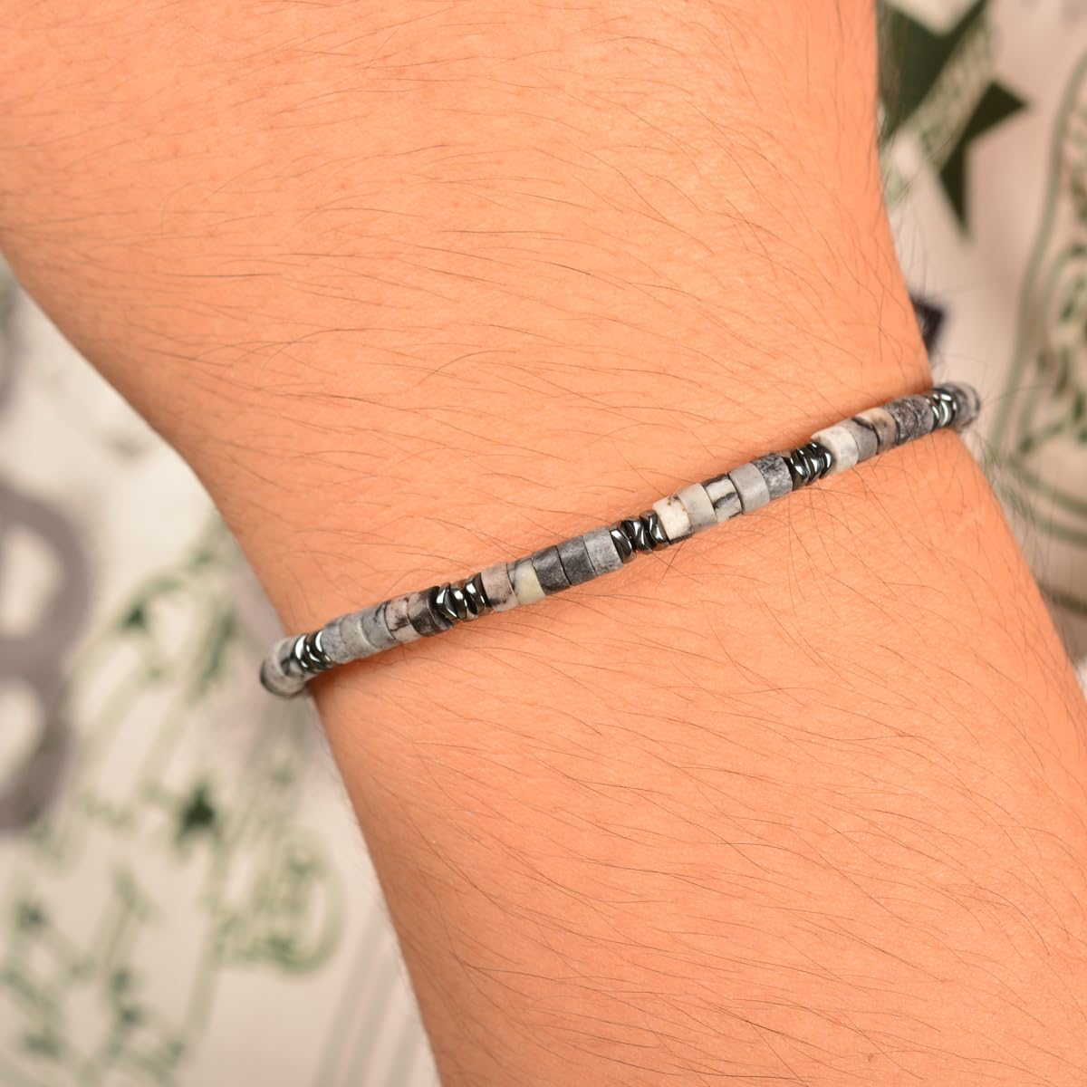 Casvia Men's Hematite & Black Grid Stone Beaded Bracelet, Adjustable Stainless Steel, Thickened Steel Wire Handmade Original Rugged Jewelry, Birthday Gift for Dad & Boyfriend