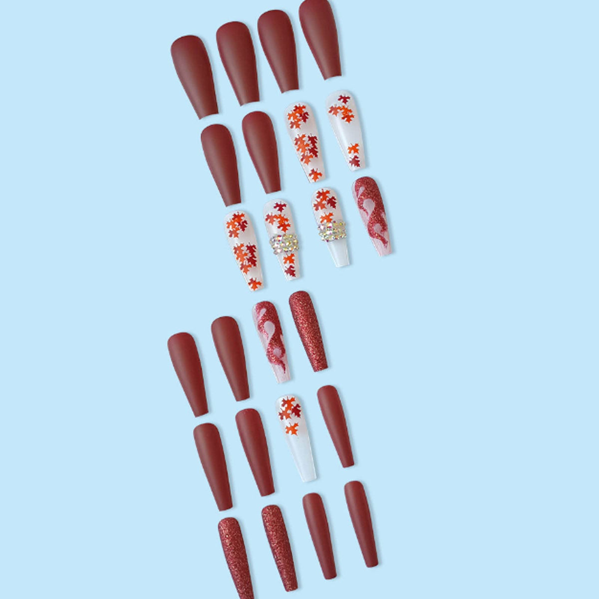 Hkanlre Red Press on Nails Tips Coffin Long Leaf Fake Nails Bling Full Cover Ballerina Rhinestones False Nails for Women and Girls 24PCS
