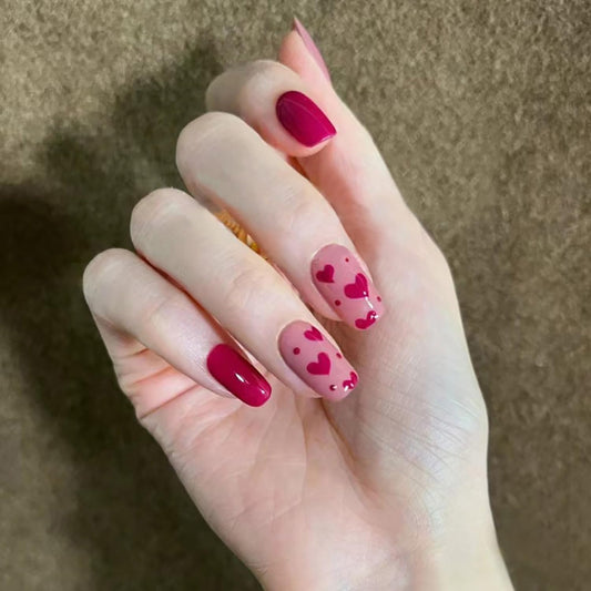 FIEONCIY Press on Nails Short Square Shaped Glossy Full Cover Acrylic Extra Short Square False Nails with Love Heart Designs Artificial Fake Nails Glue Stick ons Fingernails for Women Girls(X0079)