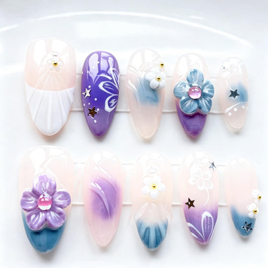 Threelegscat Handmade Almond Press on Nails-Medium, 3D Flower Gradient Blue Purple Reusable Fake Nails for Women Daily Wear, Party, Dating 10 PCS (Size M)