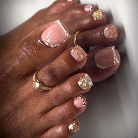 yefiuo Handmade Press on Toenails Gilded White French Toe Press on Nails Tips Kit Fake Toe Nails Press ons False Toenails Rhinestones Acrylic Glue on Nails Stick on Nails for Women Nail Supplies 24Pcs