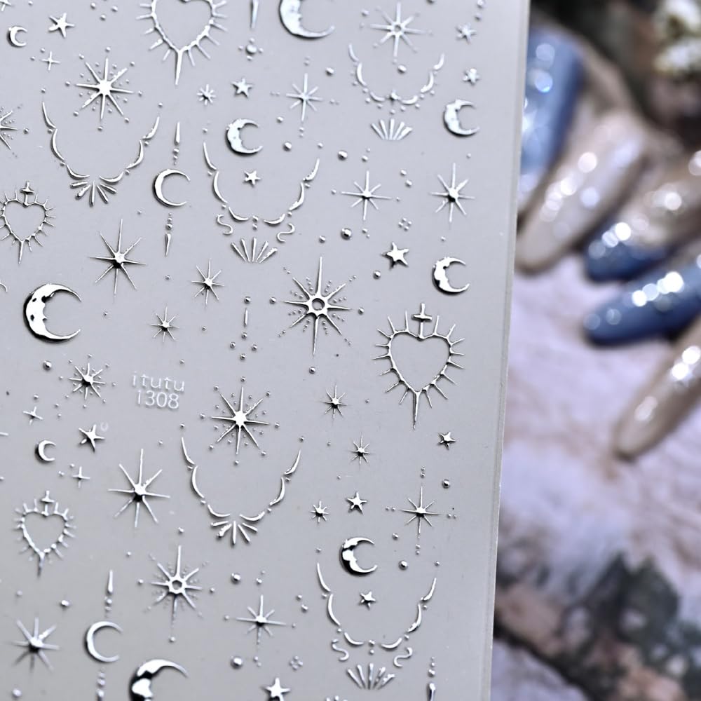 Silver Nail Stickers 5D Embossed Star Moon Nail Decals Cute Hearts Nail Designs Galaxy Sun Nails Supplies Self Adhesive Golden Goth Valentines Gel Nail Decals Stickers for Women DIY Manicure 1 Sheet
