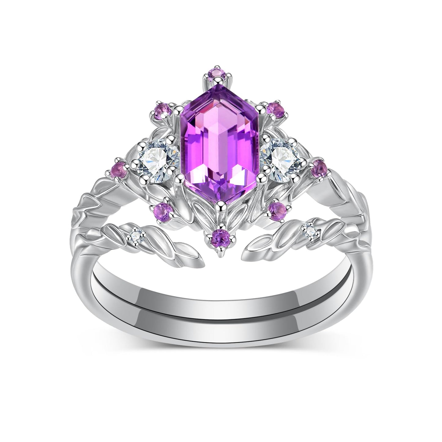 LieYovanaRing 1CT Hexagon-Cut Amethyst Wedding Ring Set 18K White Gold Platinum Plated Silver Three Stones Bridal Sets,S925 Amethyst Moissanite Engagement Ring Sets for Women Jewelry Gift for Anniversary Birthday (Size 8)