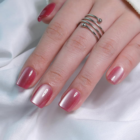 Stbisen Jelly Rosy Pink Press On Nails Square – Short Cat Eye Fake Nails with Color-Shifting Glow, Glossy Gel Acrylic Nails 15 Sizes, 30 Nails, Thick Reusable Glue On Nails for Daily Wear & Gifts