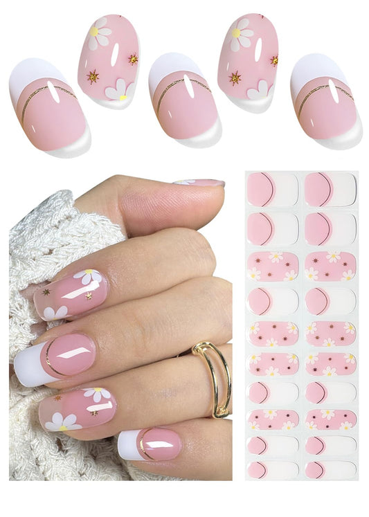Semi Cured Gel Nail Strips - French Pink Flower Hydrangea Nail Wraps, 20pcs, UV Ready for DIY Nails