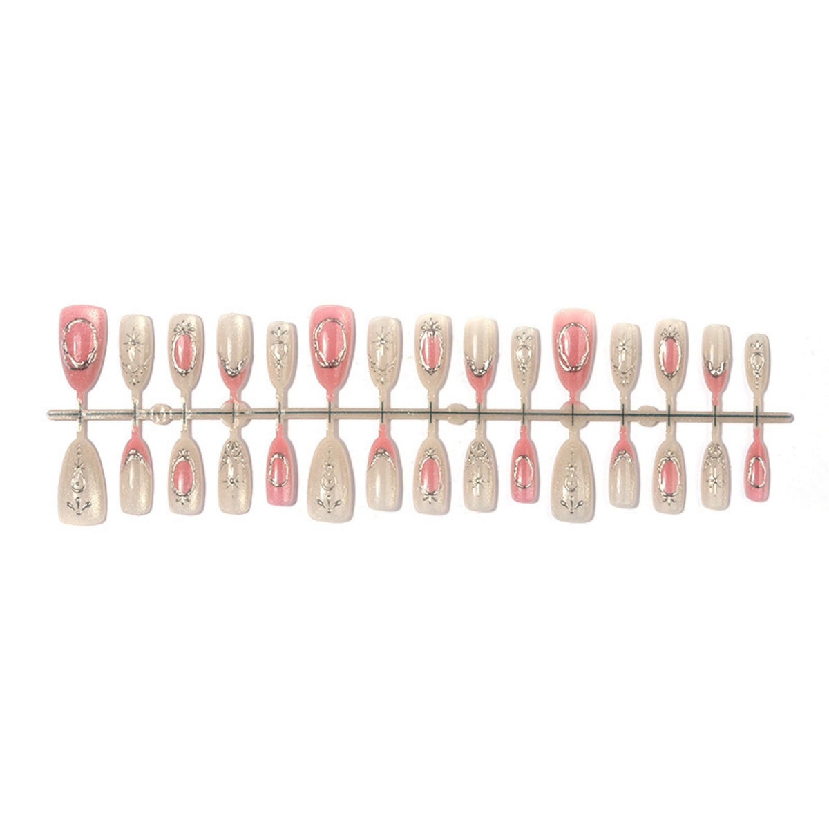 Almond Press on Nails Long Fake Nails Pink Acrylic Nail Press ons SEENEEY Silver Charm Designs Cat eye Stick on Nail for Women 24pcs