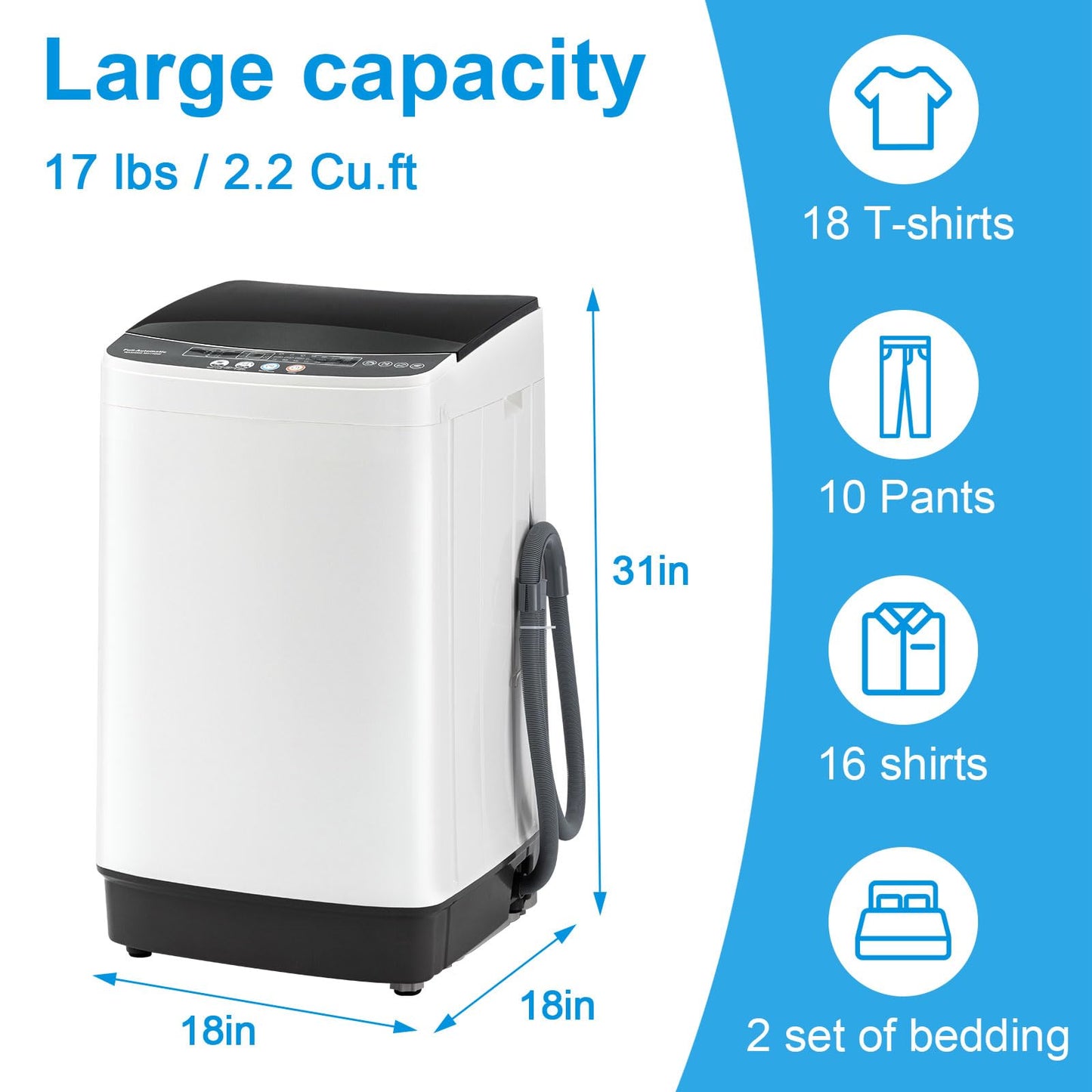 Stopsad 2.2 Cu.Ft Portable Washing Machine, Full-Automatic Electric Laundry Machine with 10 Programs, Compact Clothes Wash and Spin Combo with Stainless Steel Drum, Drain Hose for Apartment, Dorm,Home