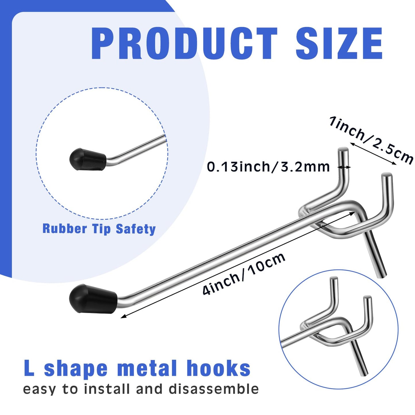 Tatuo 200 Pcs Pegboard Hooks Galvanized Metal Pegs with Rubber Tip Fit 1/4" 1/8"" for Garage Store Wall Tool Organization Display(4 Inch)"