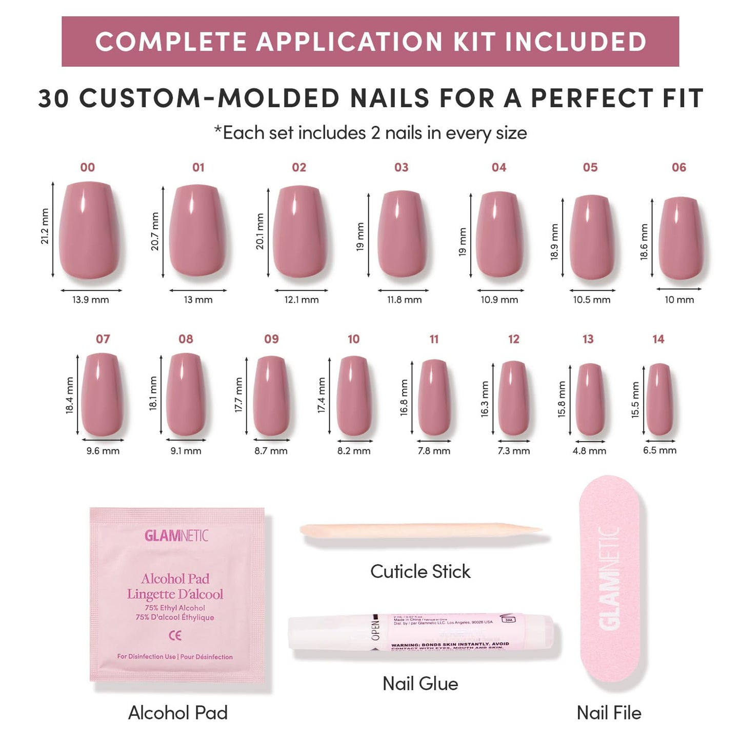 Glamnetic Medium Coffin Press-On Nails Bundle - Blush Dream, Oat Milk, Balsamic Glaze, & Delicate Touch | Milky Pink Fake Nails | Milky White False Nails | Glazed Black French Tips | Glazed Nude Nails