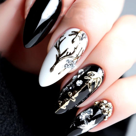 3D Elk Medium Almond False Nails Xmas Bell Stick on Fingernails Christmas Press on Nails Glossy White Snowflake Acrylic Fake Nail 24Pcs Rhinestones Gel Glue on Nail for Women Xmas Gift