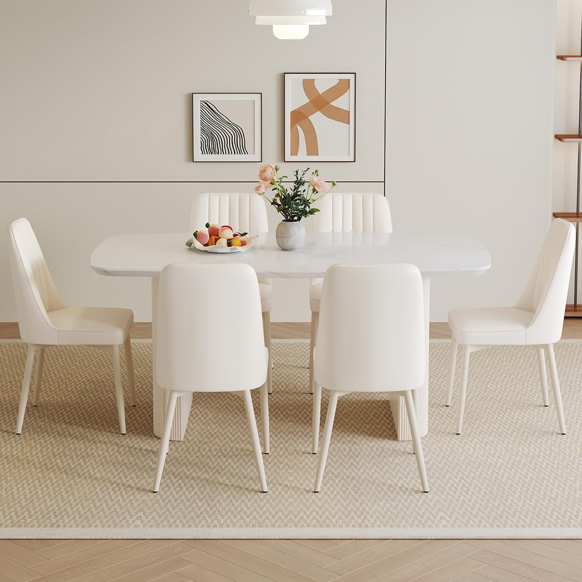 Ebullient 67'' White Dining Table Set for 6, Kitchen Table Chairs Set with Sleek Ripple Pedestal Base, Modern Dining Table Set with 6 Metal Leg Chairs, Ideal for Dining Room, Living Room, Saving Space