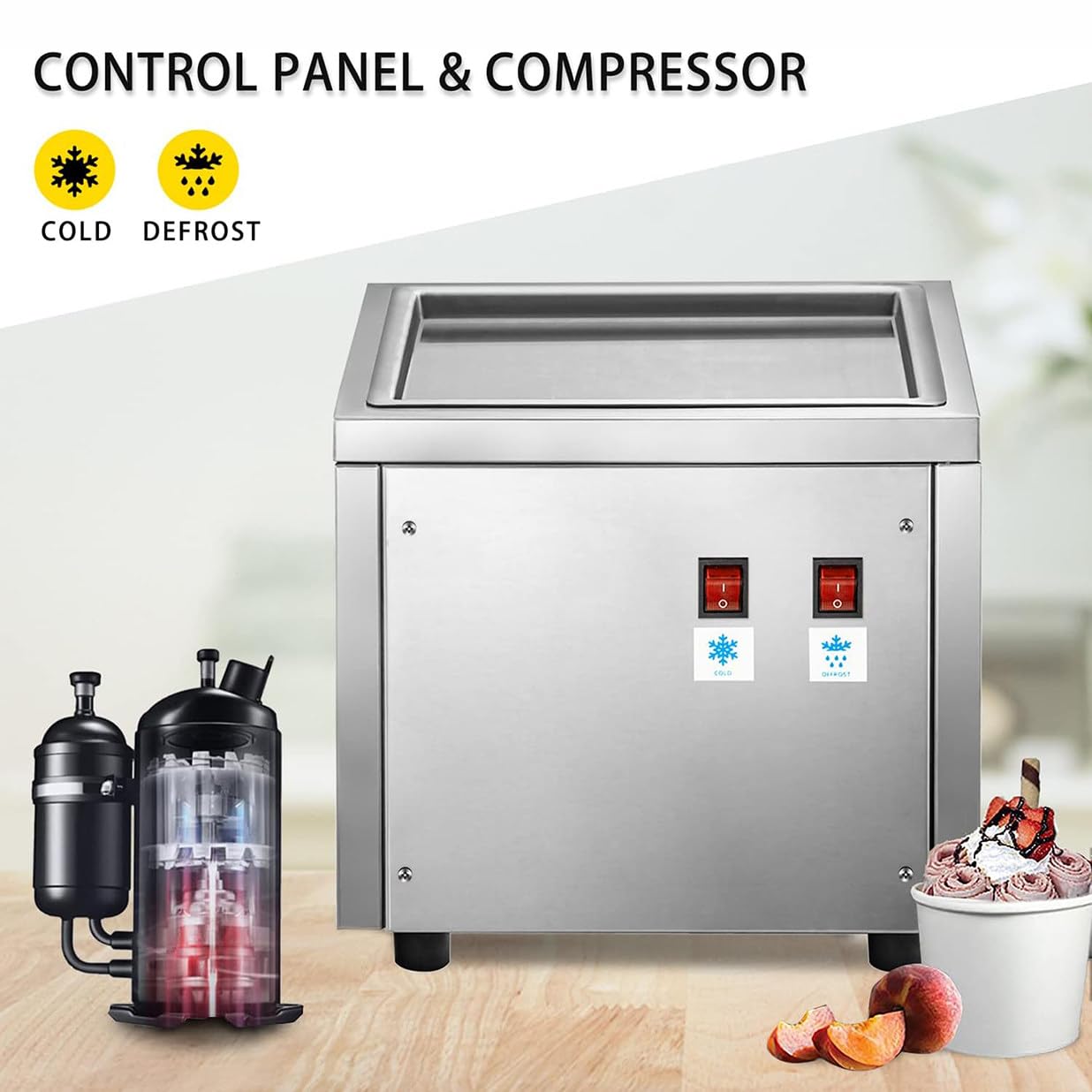 Rolled Ice Cream Machine, Stainless Steel Stir-Fried Ice Cream Roll Maker - 220W Commercial Yogurt Fry Ice Cream Machine for Dessert Shop