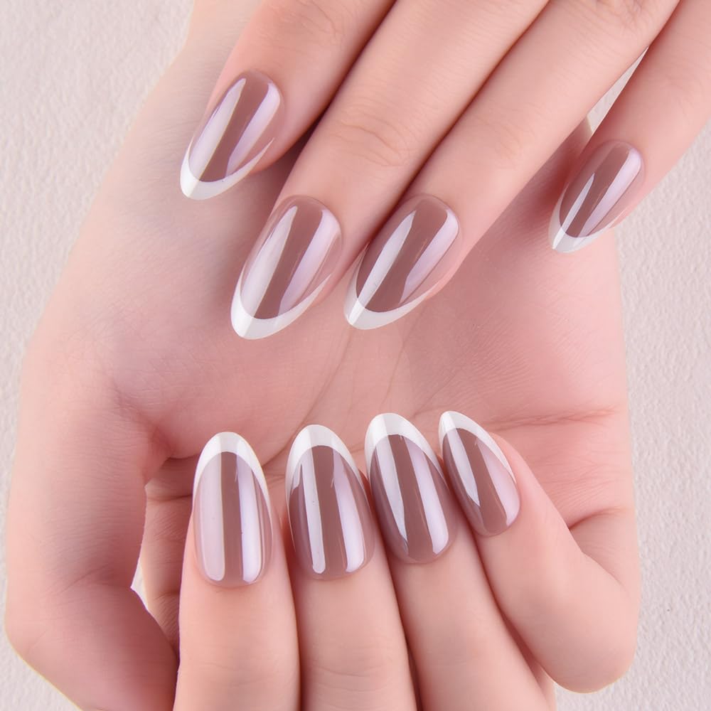 evpct French Tip Press On Nails Short Almond, Mauve Taupe + White Tips, Chrome Glazed Glossy Short Almond Fake False Press on Nails, Reusable Gel Stick on nail Press ons Nail Kits, Salon Quality