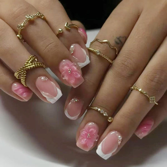 Medium Press on Nails Square White French Tip Fake Nails with 3D Flower Shell Rhinestone Pearl Design Full Cover Spring Stick on False Nails for Women 24 Pcs