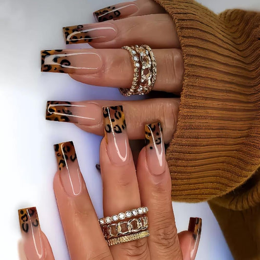 Medium Press on Coffin Nails - Brown Fake Nails with Leopard Print Design - Ombre, Winter False Nails Press ons - for Women 24 Pcs