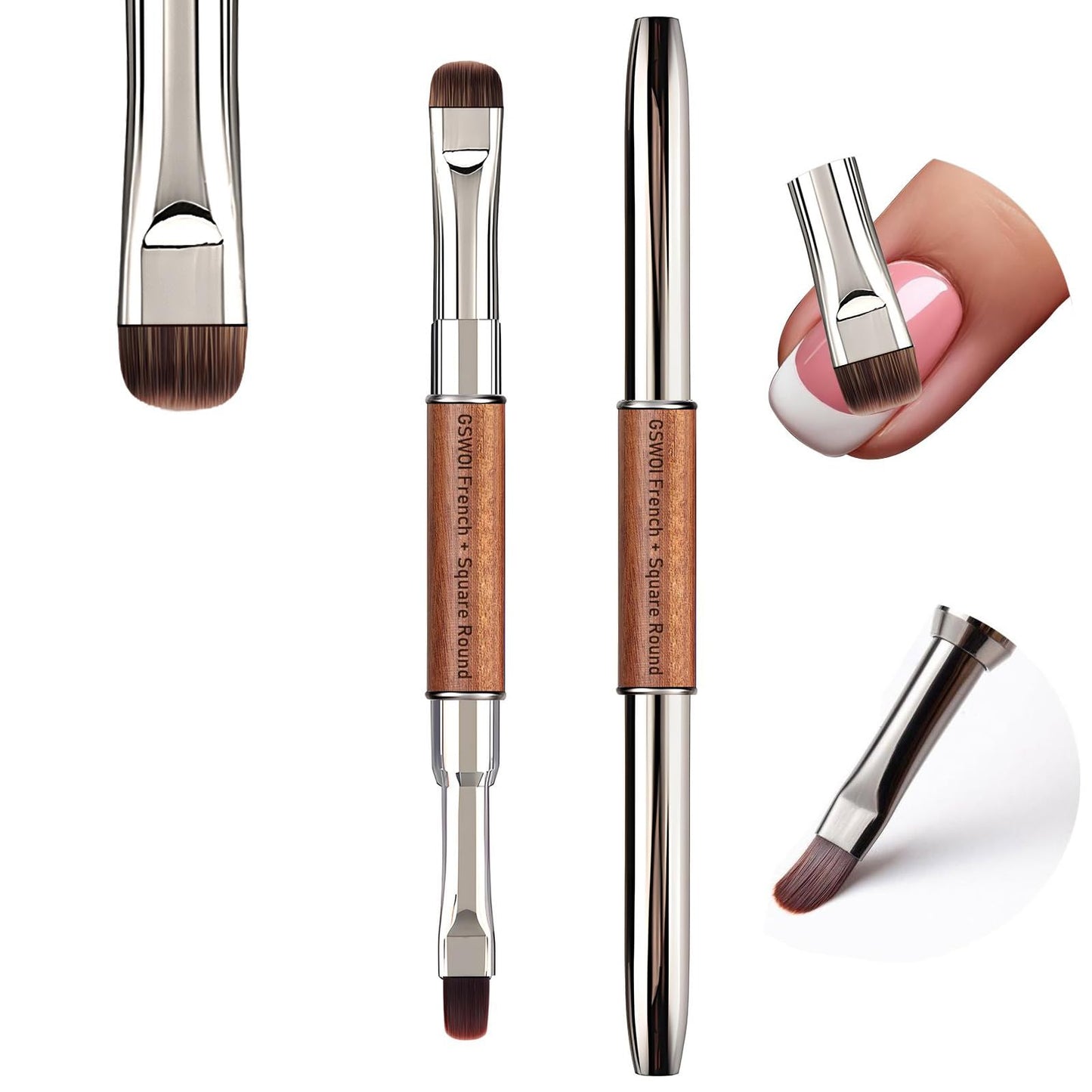 GSWOI Dual Head Acrylic Nail Brush-French Tip & Square Round with Cleaning Brush for Builder Gel,Polygel & Design-Wood Handle & Metal Caps