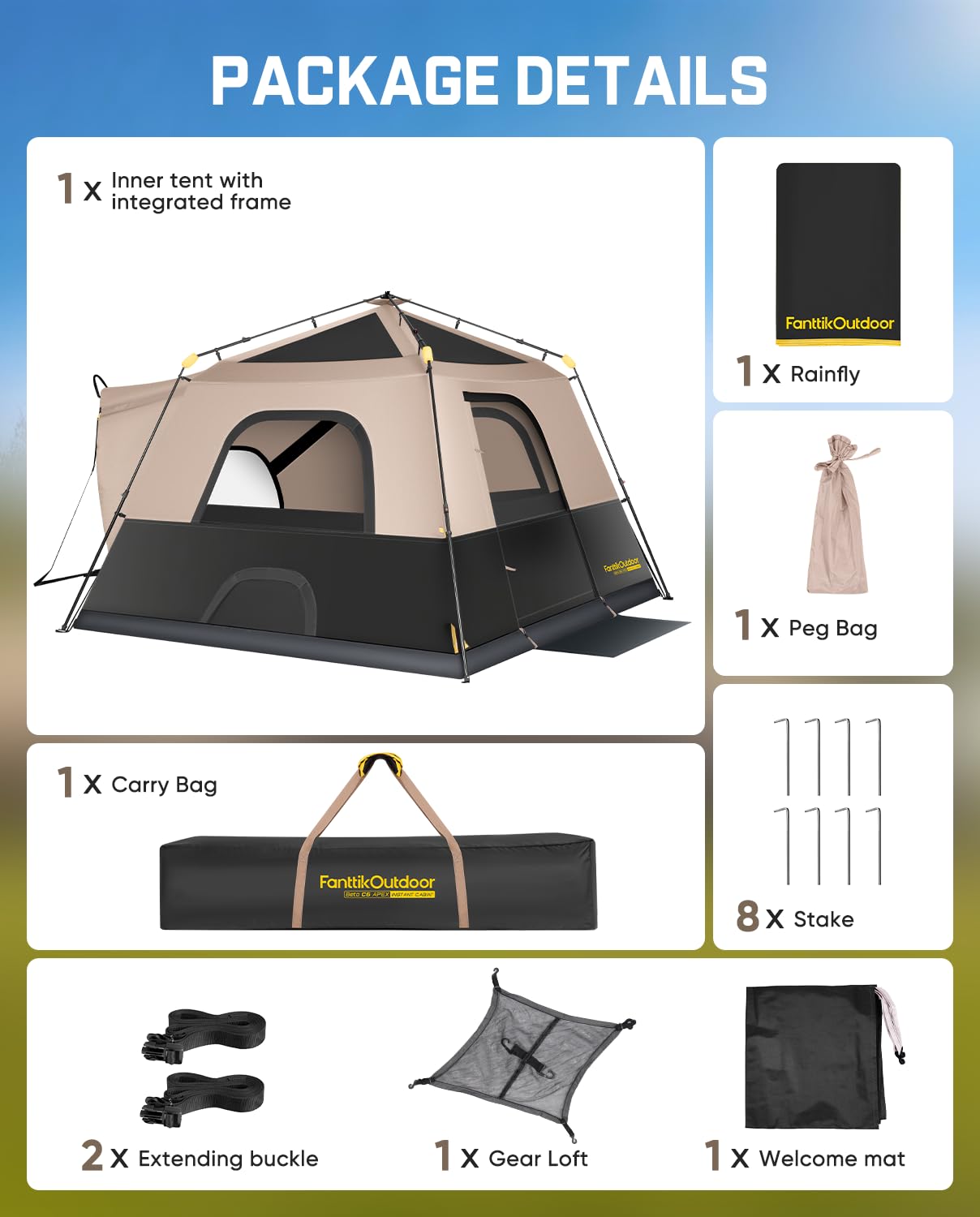 FanttikOutdoor Beta C6 Apex SUV Tent 6 Person Instant Cabin Car Tent Setup in 60 Seconds with Rainfly & Windproof Portable with Carry Bag for Family Camping, Upgraded Ventilation, Khaki