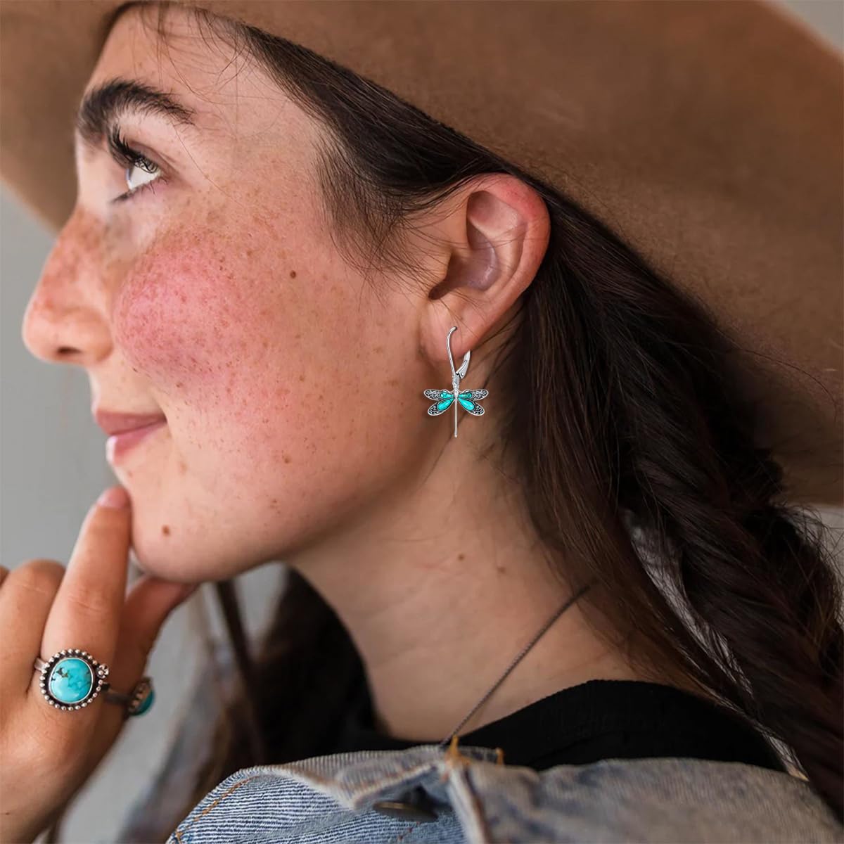 DOLIOX Genuine Dragonfly Turquoise Jewelry Set for Women, Sterling Silver Vintage Native American Western Jewelry Birthdays Gift for Women