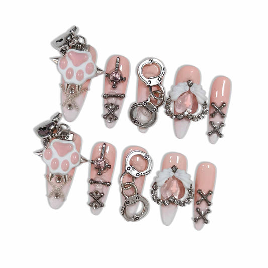 Hantyer Nude Ombre Gothic Press on Nails with Cat Paw Print & Silver Charms, Long Stiletto Glossy Sweet Cute Fake Nails, Reusable Kawaii False Nails for Women Birthday Party Cat Lover Gifts (Size S)