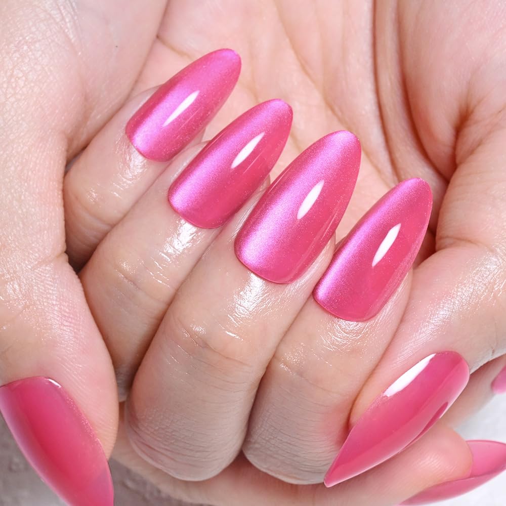 evpct Hot Pink Cat Eye Almond Medium Press on Nails for Women, Rose Red Medium Almond No Glue Stick on Nails with Cat Eye Design, Holographic Glossy Soft Nail, Reusable Press on Acrylic Fake Nail