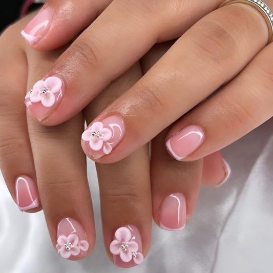 24Pcs Flower Press on Nails Short Square Fake Nails 3D pink Flower False Nails French Tip Nails Press Ons Glossy Full Cover Glue on Nail Gradient Stick on Nail for Women Decoration Set