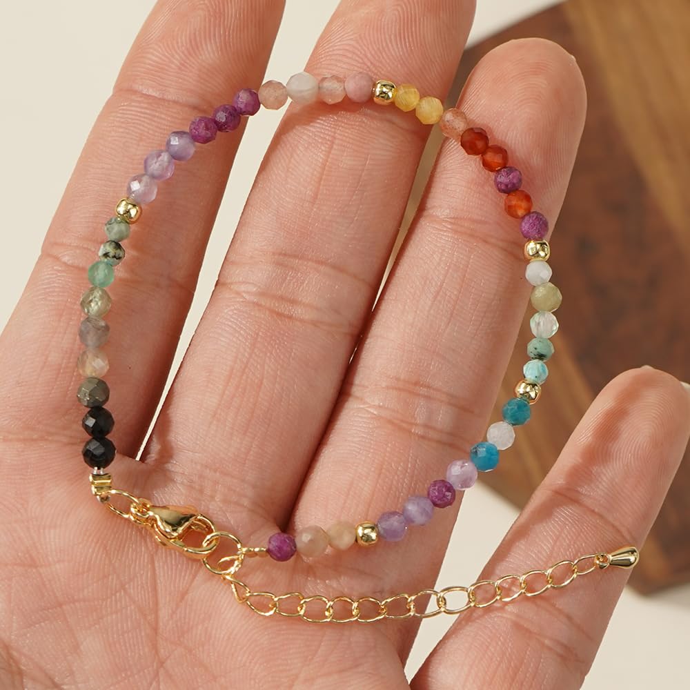 Opalencian 7 Chakra Crystal 4mm Beaded Bracelets for Women,Dainty Adjustable Natural Stone Bead Spiritual Friendship Bracelet Spiritual Anxiety Relief Fashion Charm Jewelry Gifts