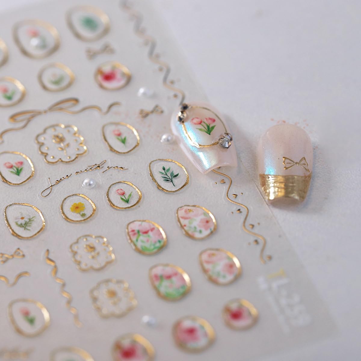 5D Embossed Flower Nail Art Stickers Cute Tulip Irregular Frame Gold Bow Hollow Designs Self Adhesive Nail Decals Bronzing Nail Sticker with Pearl Charms for Women DIY Nails Art Accessories