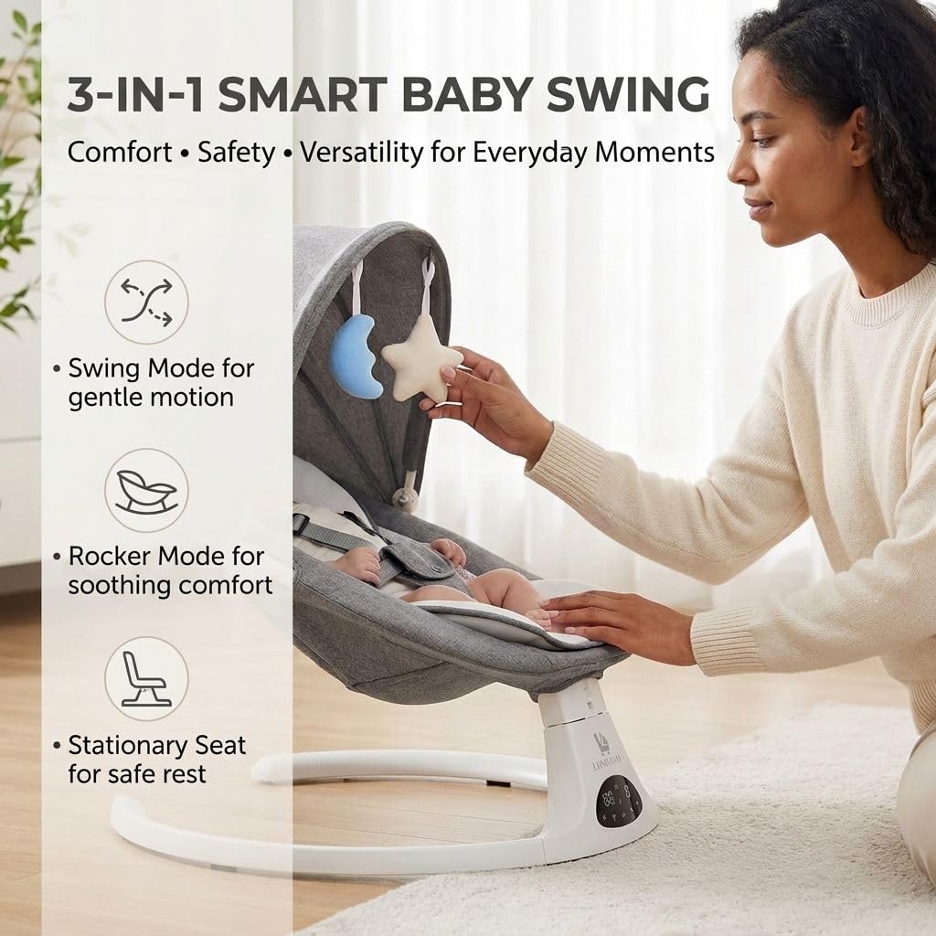 Baby Swing for Infants and Newborns, 3-in-1 Portable Infant Swing and Rocker Chair with Adjustable Motion, Music, 5-Point Harness, Lightweight Baby Seat for Indoor Use