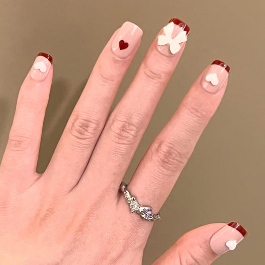 FIEONCIY Press on Nails Short Square Shaped Glossy Full Cover Acrylic Extra Short Square False Nails with Love Heart Designs Artificial Fake Nails Glue Stick ons Fingernails for Women Girls(JP2943)